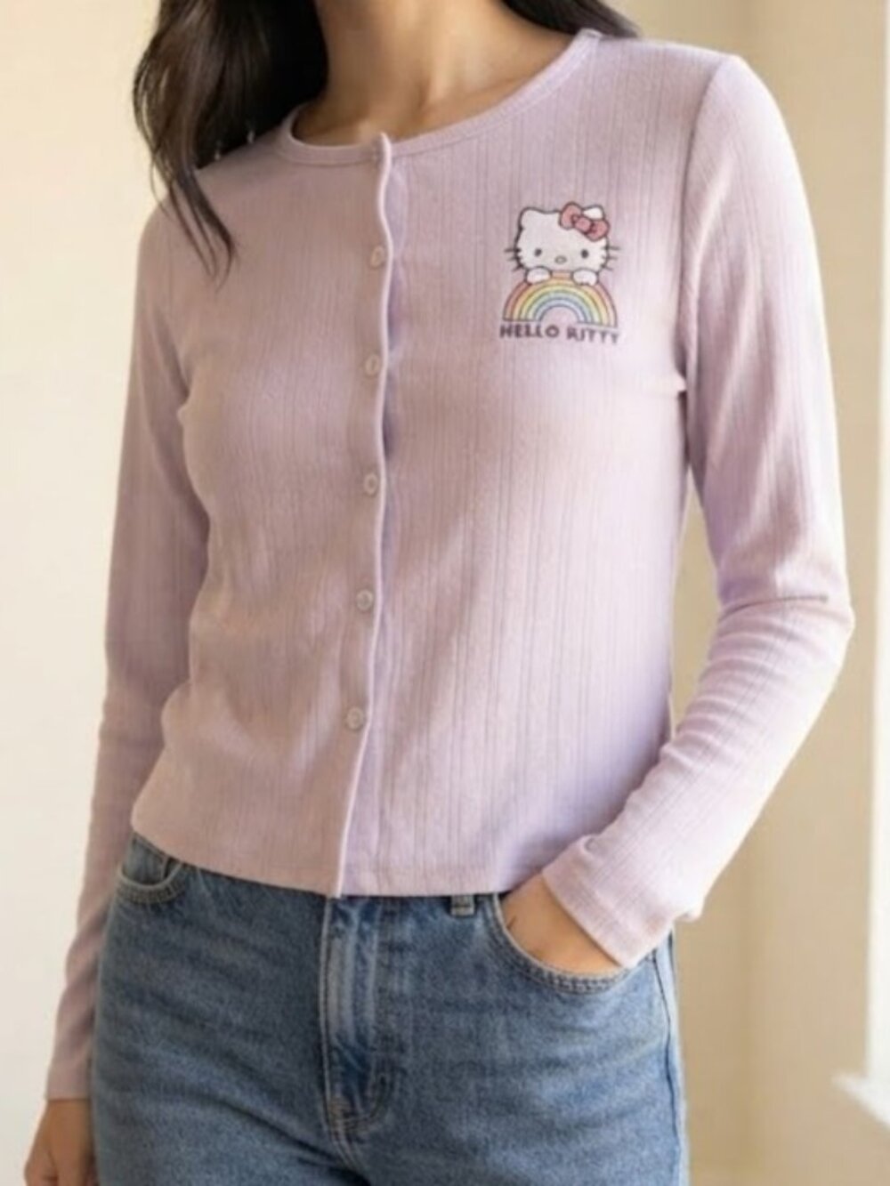 Hello Kitty Lavender Ribbed Button-Up Cardigan